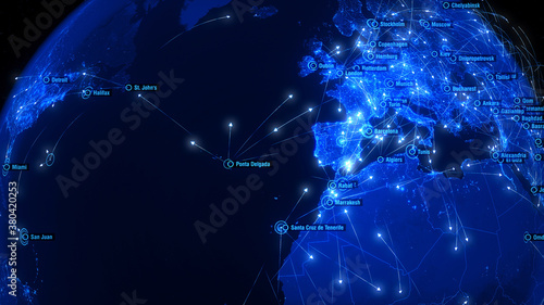 Global Connections over Europe and North America. Global Communications Through the Network of Connections. Arrows Fly Between Cities. 3d Illustration.