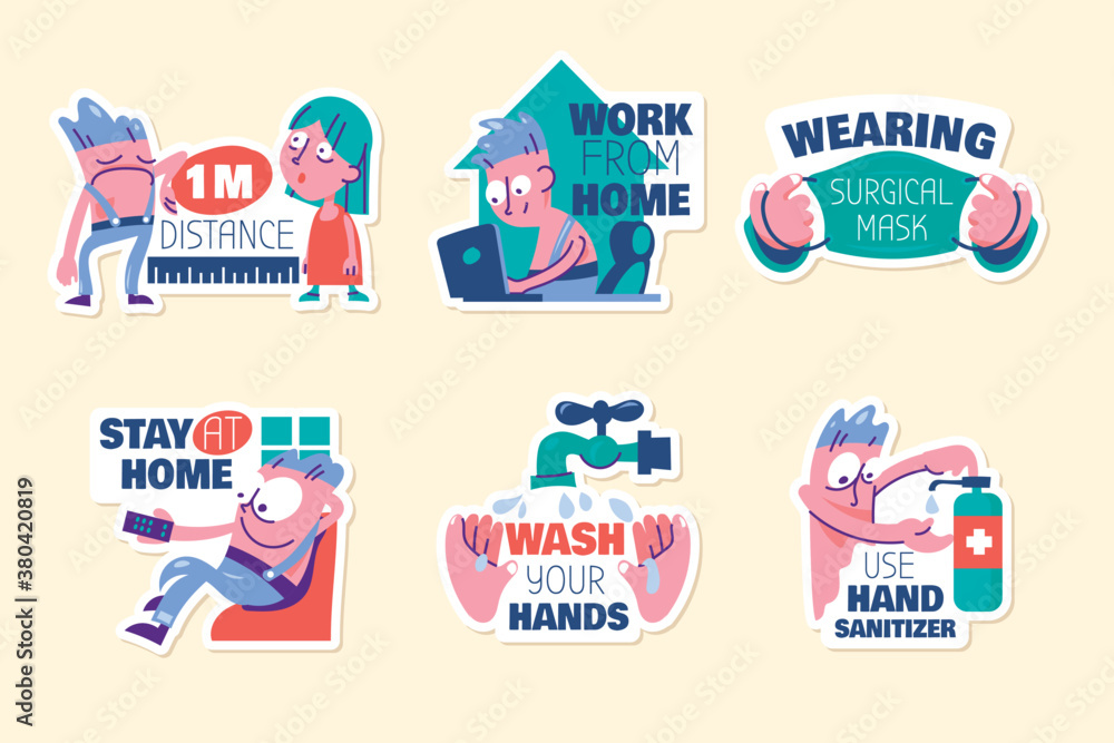 Set of New Normal Lifestyle Cute Cartoon Stickers with Lettering
