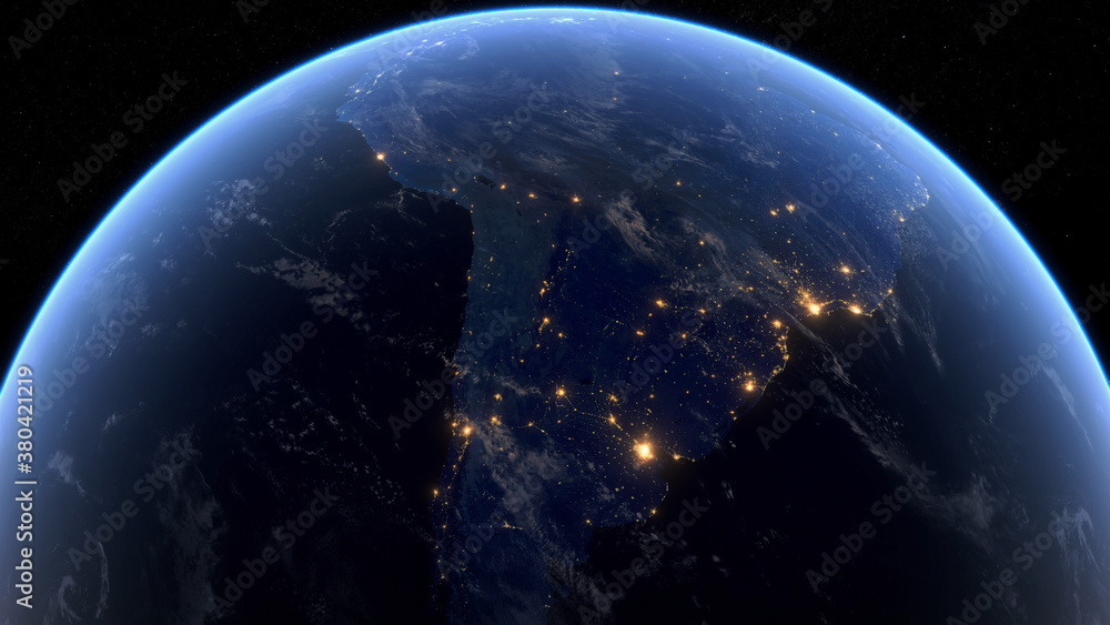 Blackout in South America. Huge Outage Hits South America and Surrounding Area. Power Outage Across All Continent. 3D Illustration.