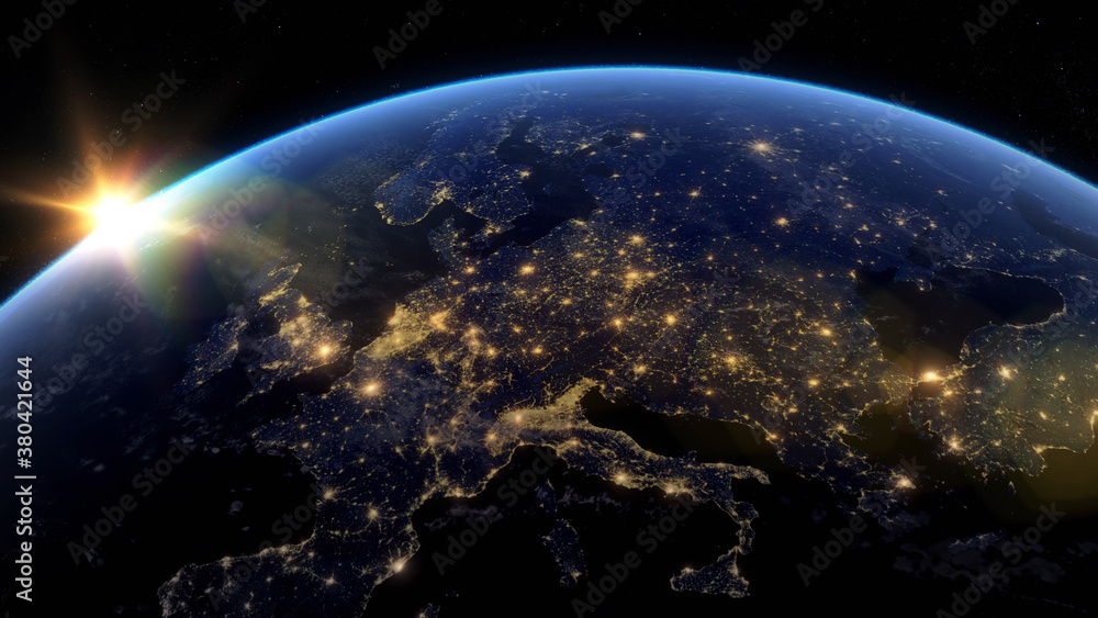 Beautiful Sunset over Europe. City Lights at Night. Planet Earth from Space. View from Space Satellite. 3D Rendering. Images from NASA.