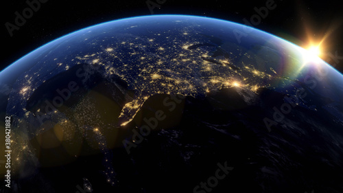 Fototapeta Naklejka Na Ścianę i Meble -  Beautiful Sunrise over North America. City Lights at Night. Planet Earth from Space. View from Space Satellite. 3d Rendering. Images from NASA.