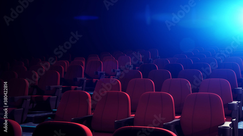 Rows Of Red Chairs In Dark Cinema Theater. Empty Cinema Seats in Theatre for Movies. 3D Illustration.