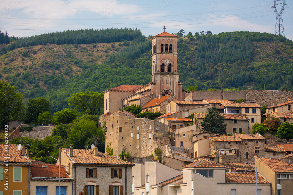 A clock tower in the village of La Voulte-sur-Rhone, France, on the Rhone River.