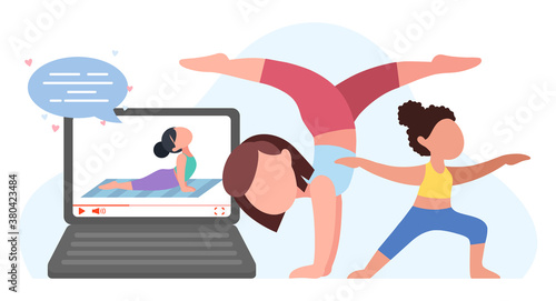 Girl or woman doing yoga at home online. Health exercises, posture, relaxation, meditation, concentration on a laptop. Morning routine workout with internet, vector illustration.