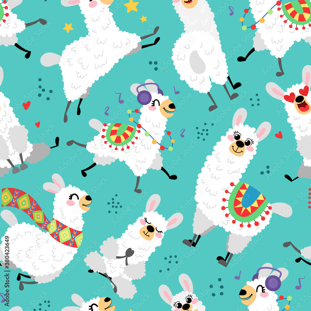 Seamless pattern with cartoon llamas. Alpaca vector texture on a blue background. Background for children's and kids books, print, poster, stickers, fabric, wrapping paper.