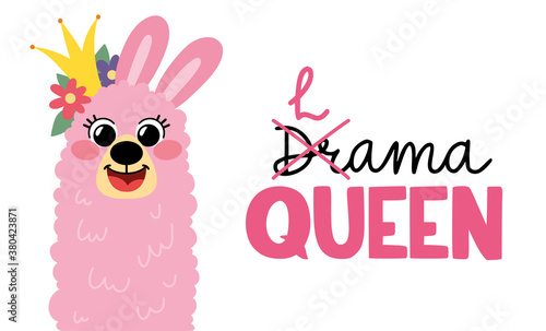 Pink funny llama with a crown, isolated on white background. Lettering lama queen. Cartoon alpaca in hand drawn style for children's and kids books, print, poster, stickers, fabric.