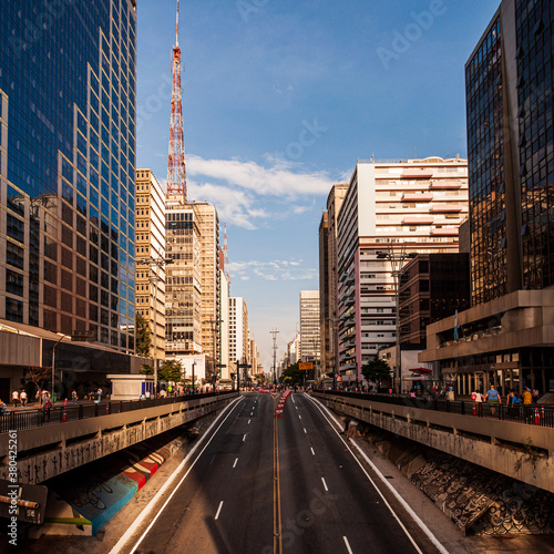 View of Avenida Paulista with buildings in São Paulo with blue sky and sunny day