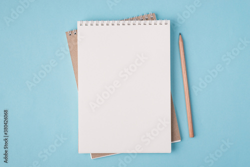 Photography Top above overhead view flat lay  photo of a blank notebook and a pencil beside