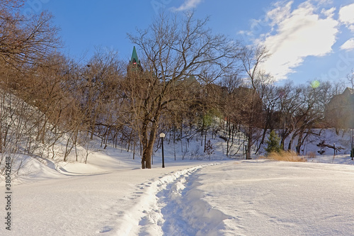  Snow covered hiking trail along frozen Ottawa river, with parliament hill uildings hidden behind bare trees, 