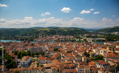 High angle view of city of Vienne and the Rhone River, France.