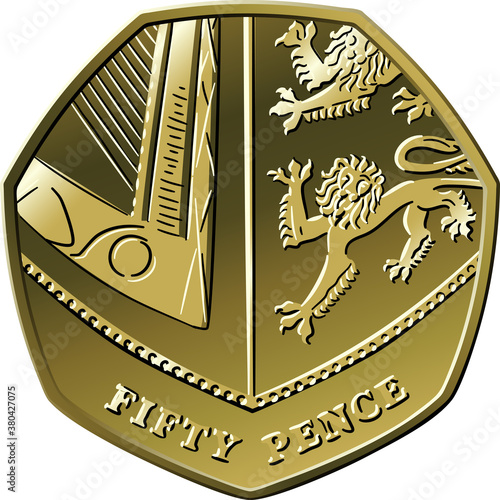 Vector British money gold coin fifty pee or pence, reverse with Segment of Royal Shield