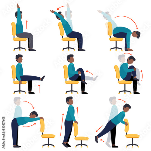 Instructions black men doing office chair yoga. Set of workers workout for healthy back, neck, arms, legs. Sport exercises for the wellbeing. Vector illustration isolated on white background.