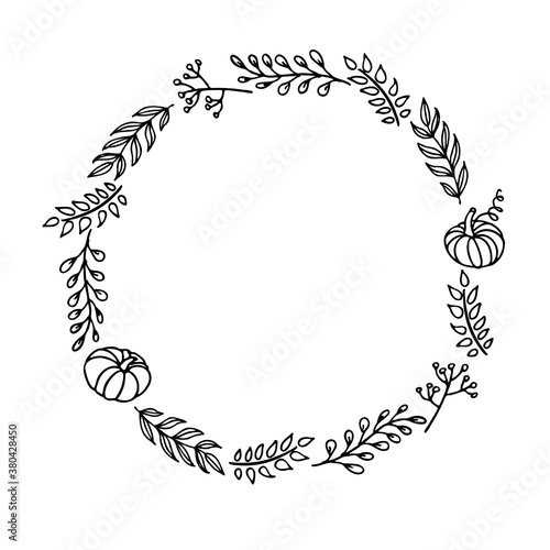 Fall round frame with hand drawn pumpkins, berries, twigs on white background. Autumn composition. Border of autumn. For wedding invitation and birthday card. For text, photo, save date, logo.