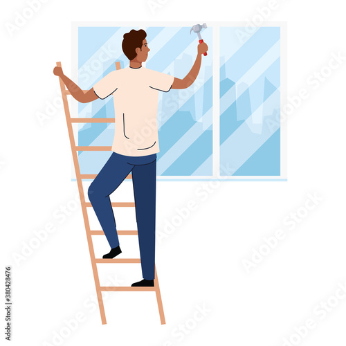 man cartoon with construction hammer on ladder design of working maintenance workshop and repairing theme Vector illustration