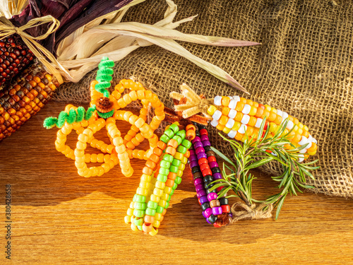 Indian corn and pumpkins made from pony beads