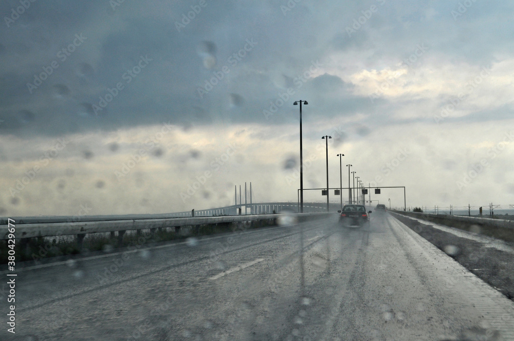Highway on the bridge in the rain (Sweden, Malmo)