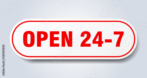 open 24 7 sign. rounded isolated button. white sticker