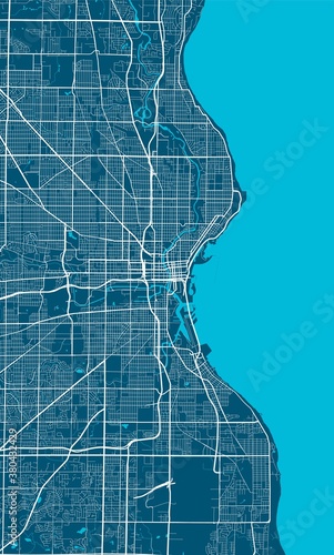 Detailed map of Milwaukee city, linear print map. Cityscape panorama.