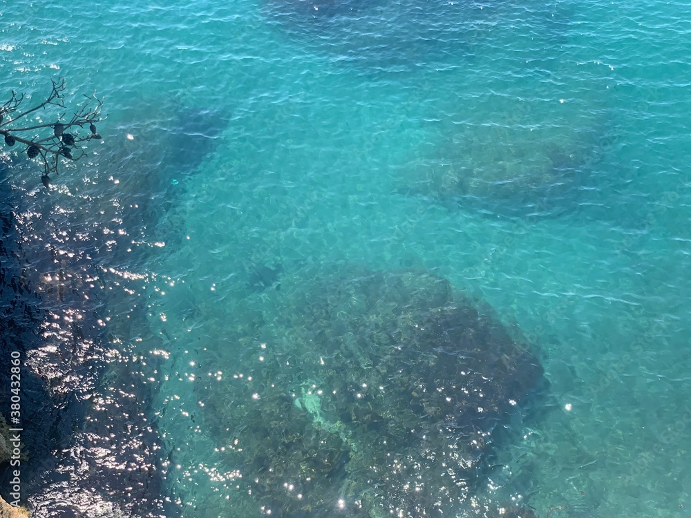 Azure ocean. Turquoise sea. Adriatic. Beautiful watercolor. Blue water. Shining surface. Mediterranean coast. Summer vacation. Freshness. Amazing seascape.