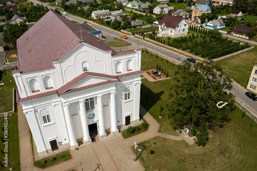 Top view of the white Church in the city of Ostrovets in the summer of the Grodno region, various panoramas of the city.Belarus photo