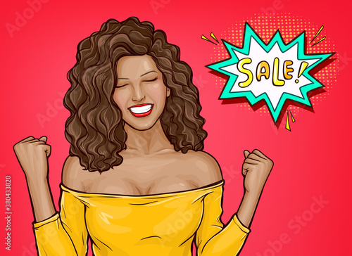 Vector illustration of an enthusiastic african american woman. Delighted black girl thinking about a sale. Advertising poster for the announcement of discounts and sales in the style of pop art.