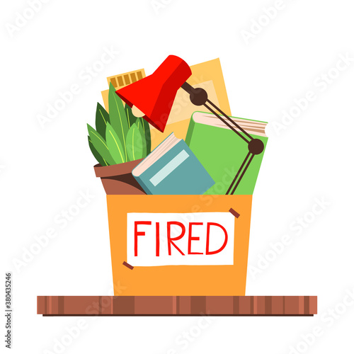 Fired, dismissal from work. Unemployment, crisis, job cuts reduction. Loss of vacancy. Dismissal, jobless, job reduction for employee. Flat vector illustration.