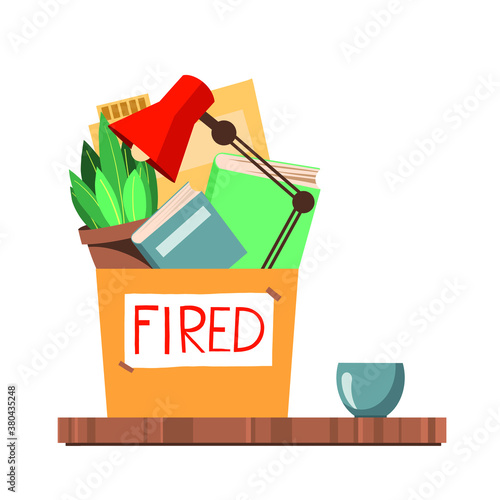 Fired, dismissal from work. Unemployment, crisis, job cuts reduction. Loss of vacancy. Dismissal, jobless, job reduction for employee. Flat vector illustration.