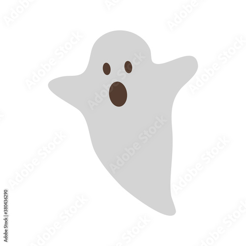 A cute white alarmed ghost who wants to scare you. Design element for poster, flyer, postcard in style on white background isolated. Cute scary character, white tablecloth with eyes and open mouth