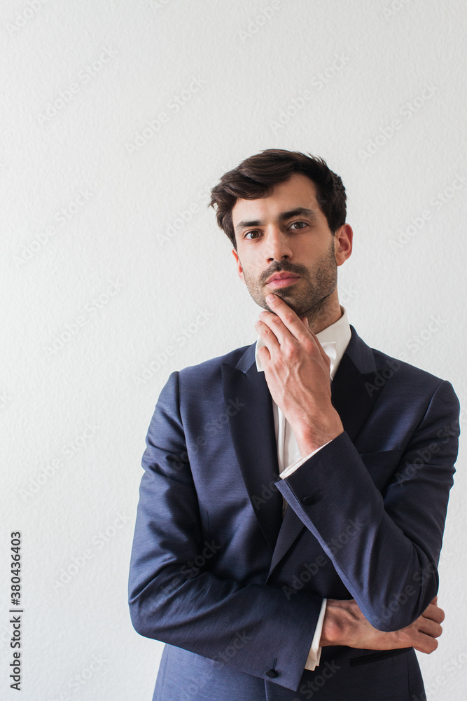Portrait of Good-Looking Young Man in Blue Silk Tuxedo Portrait of Good-Looking Young Man in Blue Silk Tuxedo