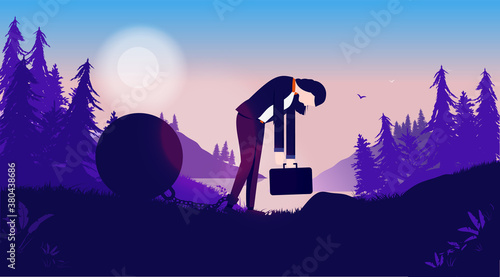 Tired woman struggling to get trough the day - Female person walking with head hanging down, feeling fatigue, depression and unmotivated. Exhausted, burned out concept. Vector illustration.