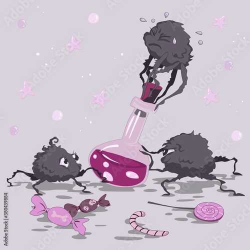 Three cute spiders want to celebrate Halloween night. For that they want to open a mysterious bottle and taste some treats. Vector illustration.