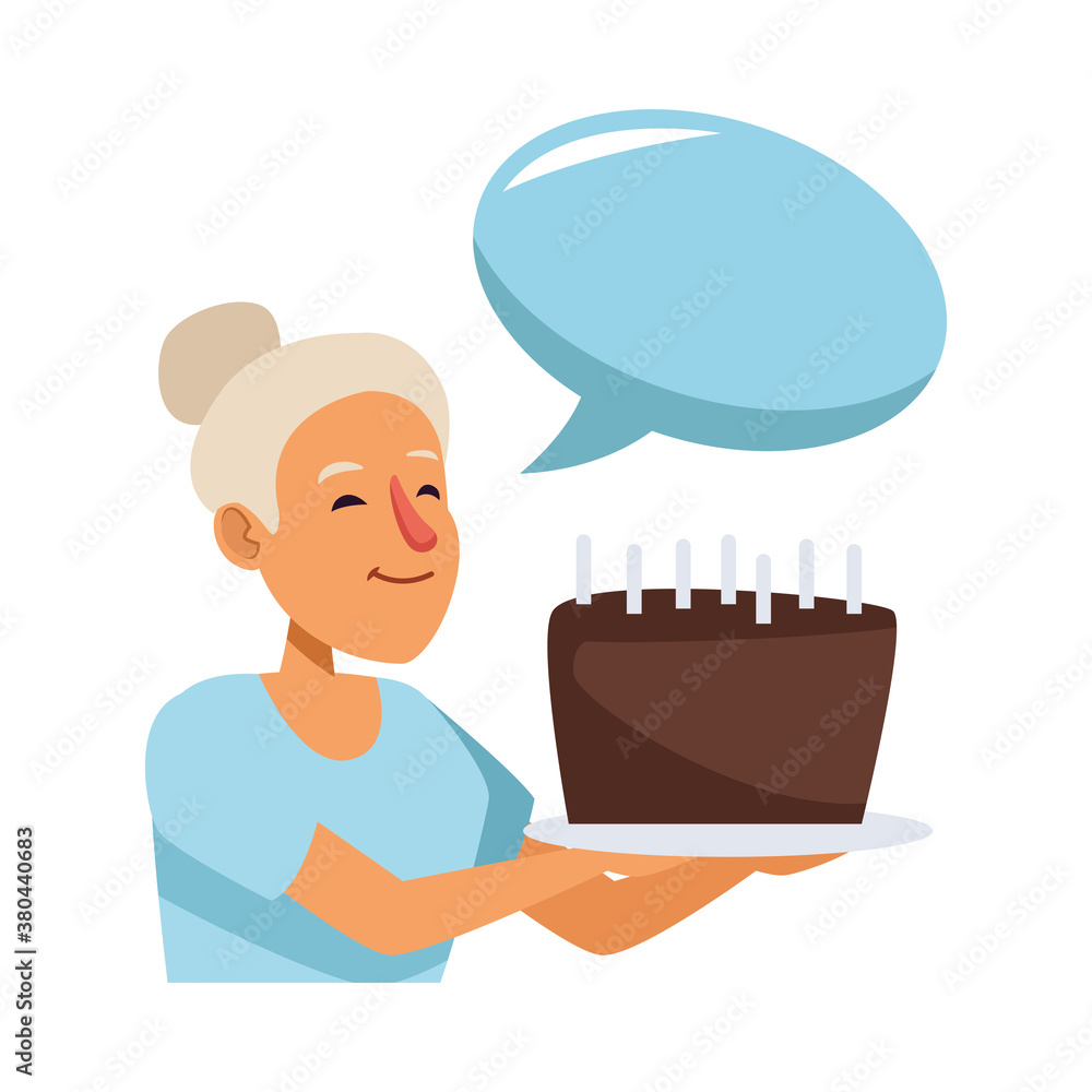 old woman with sweet cakeand speech bubble active senior character old woman with sweet cakeand speech bubble active senior character