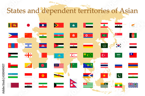 A set of Asian flag icons on a white background. Vector image of flags of States and dependent territories of Asia. You can use it to create a website, print brochures, booklets, and flyers.