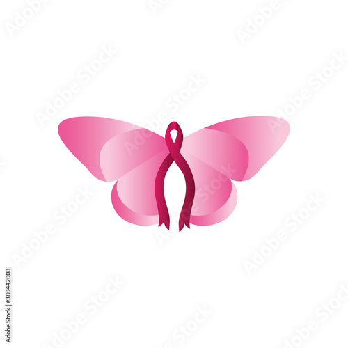 breast cancer ribbon and butterfly icon, flat style