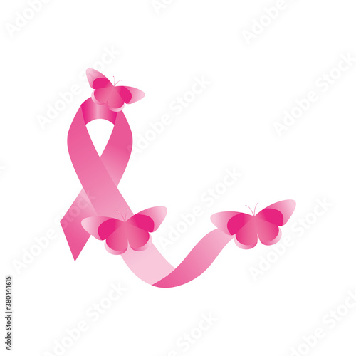 ribbon of breast cancer with butterflies, flat style