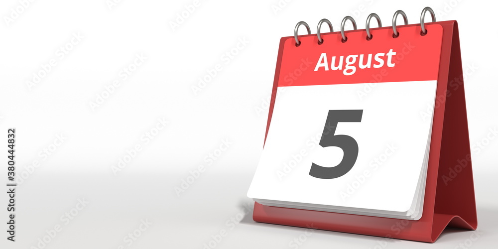 August 5 date on the flip calendar page, 3d rendering August 5 date on the flip calendar page, 3d rendering