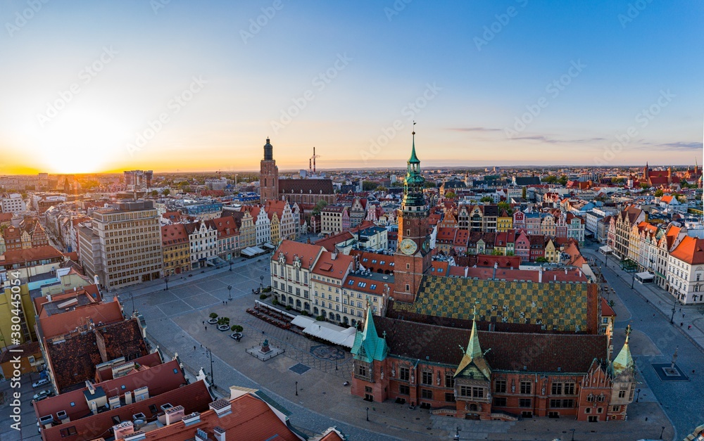 Aerial drone view on Wrocław old town and main square at sunset.