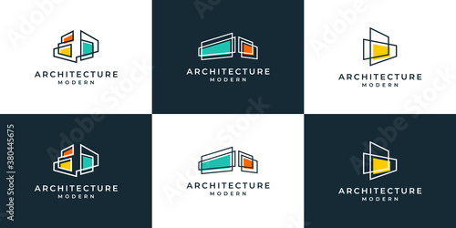 Set of building architecture with line art style logo design inspiration.