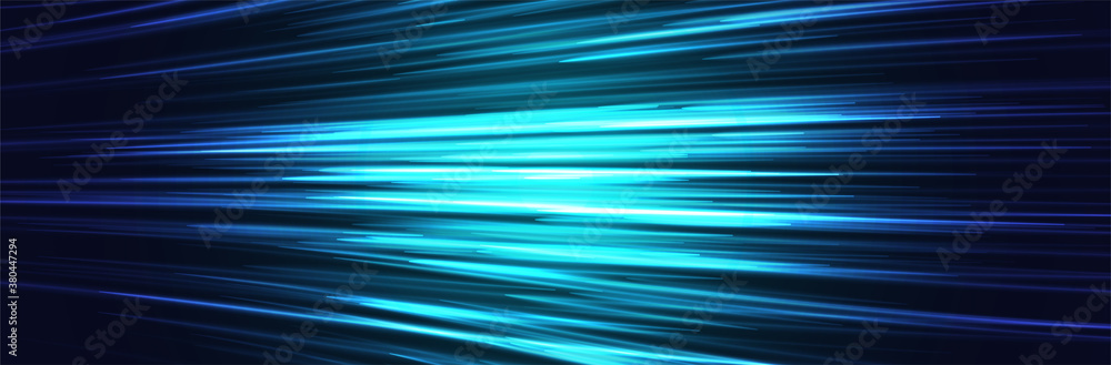 Fototapeta Abstract blue background. Wide futuristic wallpaper. Bright light lines. Sci-fi neon glowing. Big data, internet or transmission of information concept. Vector illustration