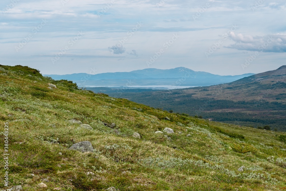 Storulvån (Sweden). View of the green mountain slopes.
