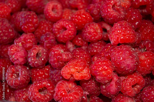 View of ripe red raspberries. 