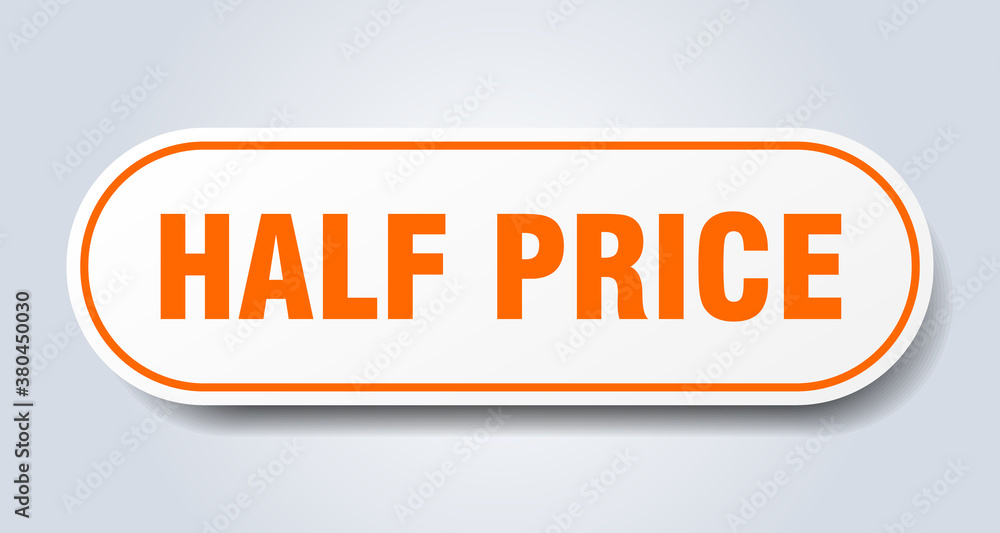 half price sign. rounded isolated button. white sticker half price sign. rounded isolated button. white sticker