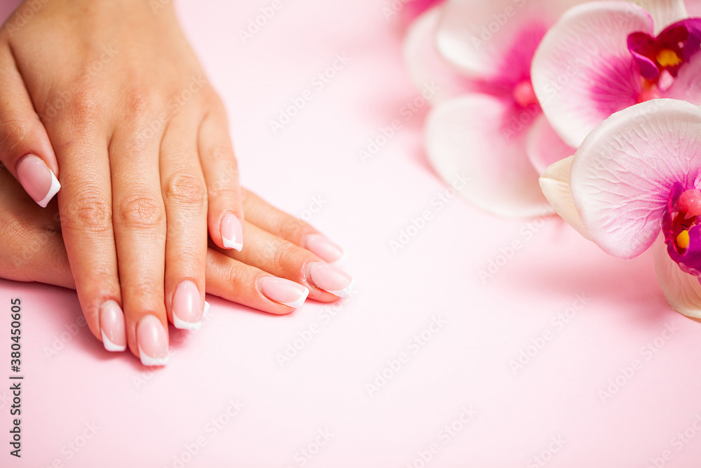 The picture of female hands with perfectly done manicure. - obrazy, fototapety, plakaty 