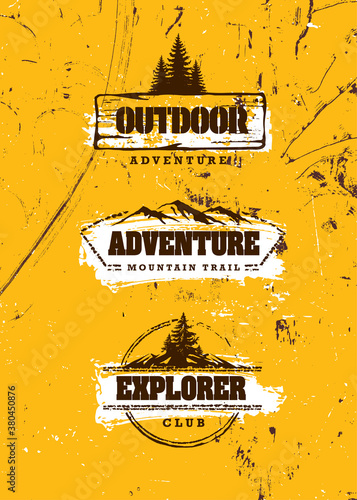 Mountain Trail Outdoor Adventure Sign Concept. Wilderness Survival Gear Illustration On Grunge Background With Pine Trees