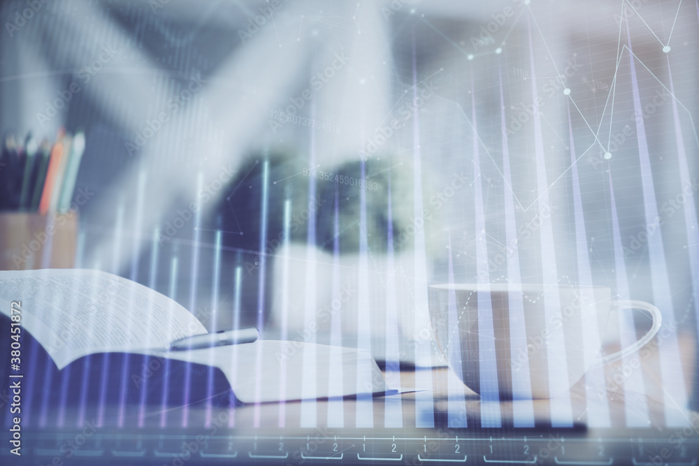 Multi exposure of forex graph drawing and desktop with coffee and items on table background. Concept of financial market trading Multi exposure of forex graph drawing and desktop with coffee and items on table background. Concept of financial market trading