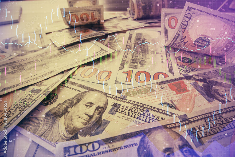Multi exposure of forex chart drawing over us dollars bill background. Concept of financial success markets. Multi exposure of forex chart drawing over us dollars bill background. Concept of financial success markets.