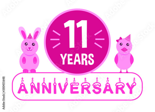11st birthday. Eleven years anniversary celebration banner with pink animals theme for kids.