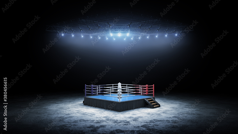 Illustrazione Stock 3D boxer arena. Isolated empty boxing ring with light.  3D rendering. Boxing ring with illuminated spotlights | Adobe Stock
