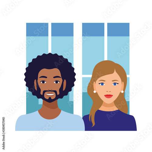 interracial couple man afro and caucasian woman avatars characters