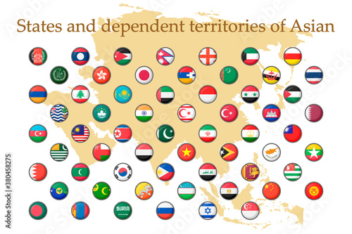 A set of Asian flag icons on a white background. Vector image of flags of States and dependent territories of Asia. You can use it to create a website, print brochures, booklets, and flyers.